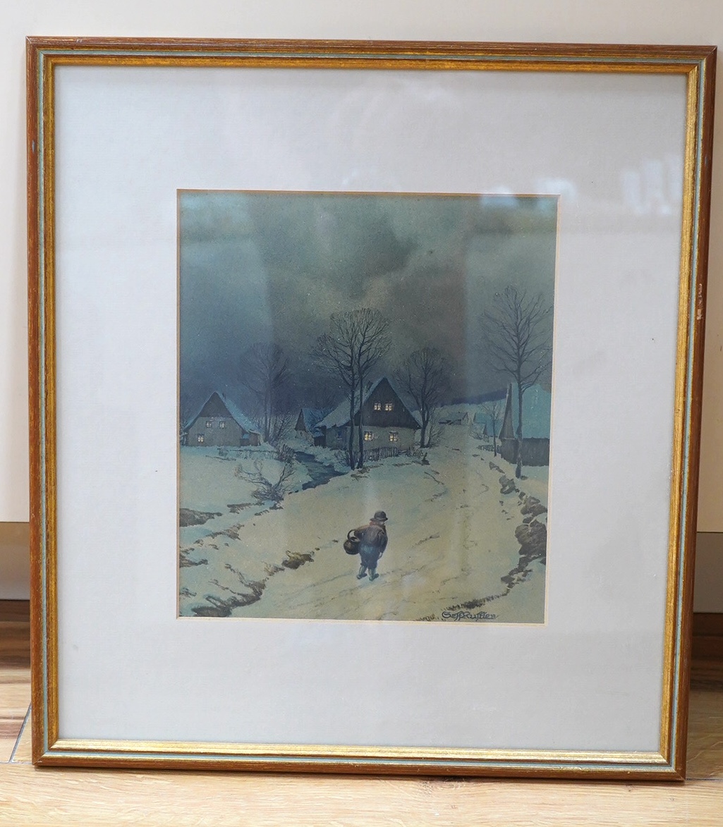 Geff Rustler, German, watercolour, Winter scene, 22 x 19cm. Condition - good